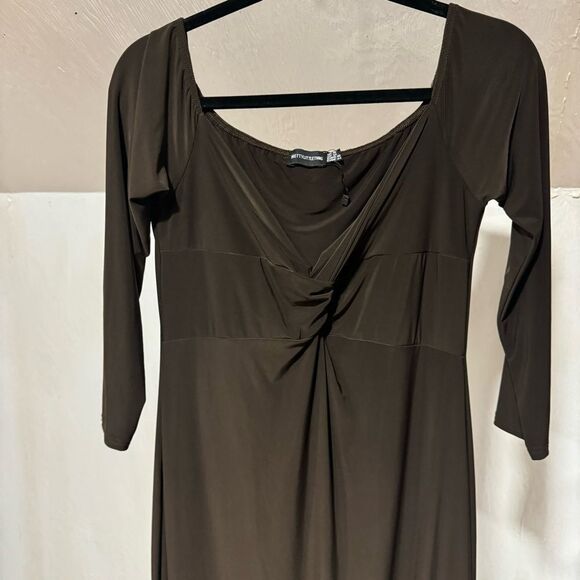 PrettyLittleThing Chocolate Brown 3/4 Sleeve Twist Front Midi Dress Size 14 - Picture 7 of 7